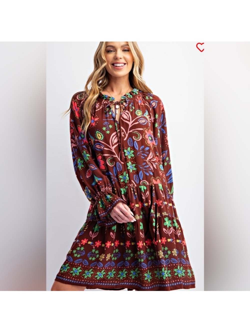 easel Brown Floral Long-Sleeve Tiered Boho Dress with Multicolor Print